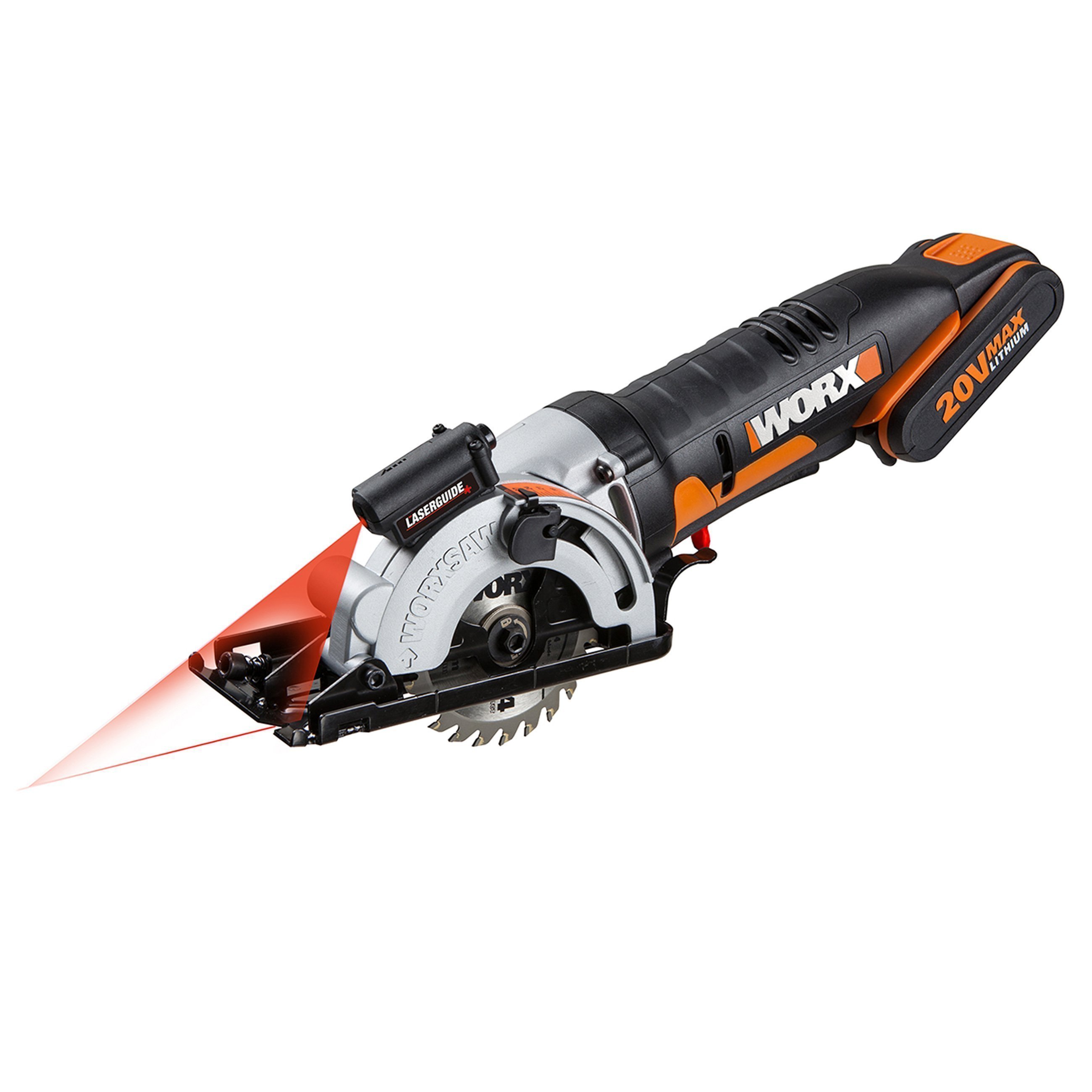 Worx WX523 20V Akku-Kompakt-Handkreissäge Laserguide Worx WX523 20V Akku-Kompakt-Handkreissäge Laserguide, 45-Grad Ansicht